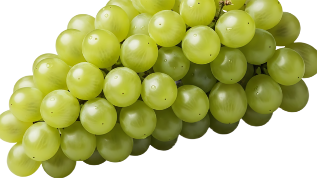 A close up view of a bunch of green grapes with a stem attached to the top right corner