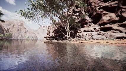 A tranquil scene reveals clear blue waters reflecting rugged cliffs and lush trees. The sun shines brightly overhead, creating a peaceful atmosphere in this natural oasis.