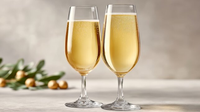 Two crystal glasses of sparkling wine, golden and white, celebration toast or romantic date
