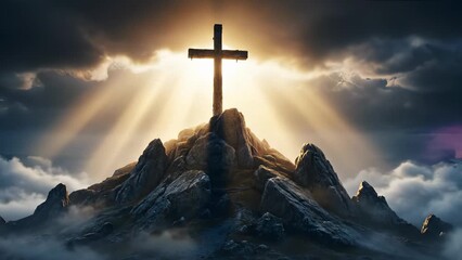 Majestic cross on mountain peak shines bright against dramatic skies. Spiritual atmosphere evokes hope and inspiration. Nature's beauty complements divine message.
