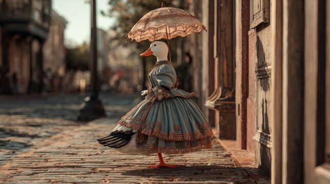 A duck in a Victorian gown and parasol poses on a cobblestone street, framed by antique buildings