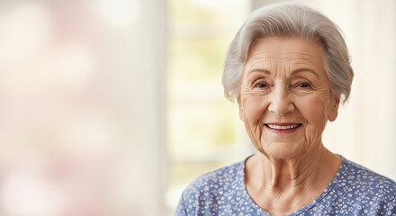 Mother's Day portrait with smiling senior woman in natural light, showing warmth and love. Mother's Day evokes happiness and family connections.