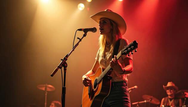 Woman in cowboy hat sings and plays acoustic guitar on stage with band. She performs live music with microphone and spotlights illuminating her.