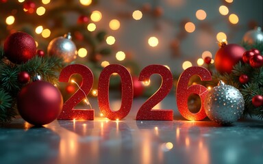 Happy new year 2026. Festive design with Christmas decorations, balls, streamers and garlands. High quality