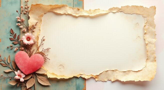 Heart and a flower on a piece of paper copy space