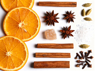 Creative Knolling Pattern of Mulled Wine Ingredients with Dried Orange and Spices