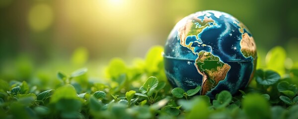 Earth globe rests among fresh green leaves, on blurred natural background. Eco awareness, eco friendly solutions. Concept shows eco responsibility, healthy environment, nature conservation, saving