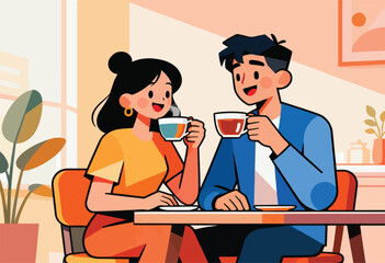 Illustration of a couple smiling and drinking coffee at a table in a warm-toned cafe setting