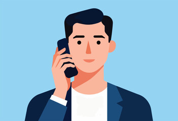 An illustrated man in a dark blue jacket talking on a dark phone against a blue backdrop