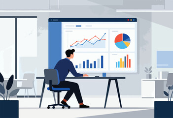 A person in a modern office analyzes charts on a monitor. Tables, plants, and other office elements are visible