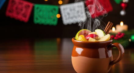 Traditional Las Posadas beverage served steaming hot with fruit and spices, for festive celebrations. Las Posadas gatherings often include warm beverages, evoking community and holiday cheer.