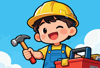Smiling cartoon builder with a hammer and toolbox, wearing a yellow hardhat and blue overalls, against a blue sky