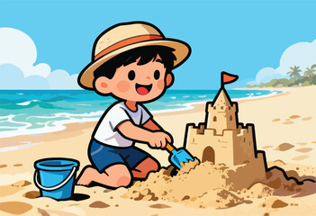A young child joyfully builds a sandcastle on a sunny beach, complete with a bucket and ocean view