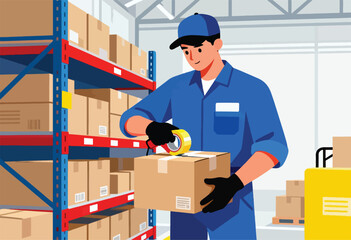 A worker in blue uniform tapes a package in a warehouse with stacked boxes on shelves. A yellow cart nearby