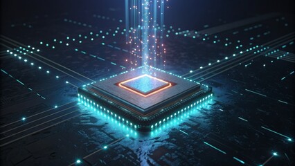 Illuminated microchip with glowing light beams and circuit board connections