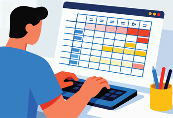 A person, viewed from behind, types on a laptop while viewing a schedule on its screen. Colored pencils are nearby