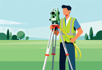 An illustrated surveyor stands in a field using equipment. He is holding a measuring tape. Trees are in the background