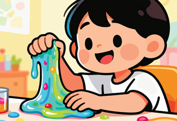 A cheerful child plays with colorful slime, pulling it with hands, face bright, table view