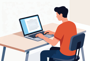 An illustration shows a person using a laptop at a desk. The laptop screen displays a document