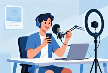 A young man wearing headphones, holding a phone and adjusting a microphone while recording a podcast