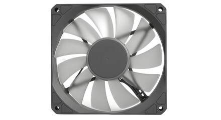Close up of a computer fan with curved blades on a black background