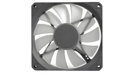 Close up of a computer fan with curved blades on a black background