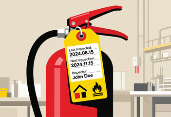 A red fire extinguisher with a yellow inspection tag, bearing inspection dates and the name "John Doe.
