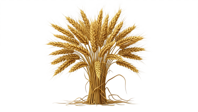 A detailed illustration of a bundle of wheat stalks with golden heads on a black background space