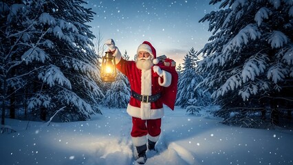 Santa Claus walking through a snowy forest with a lantern.