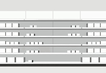 A minimalist depiction of store shelves, with boxes and gray tones suggesting a sparse aesthetic