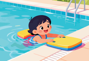 A cheerful child in a swimming pool uses a float for support, next to a ladder. Clear water, happy mood