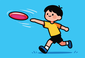 A cartoon child is running and throwing a frisbee in the air. Bright blue background