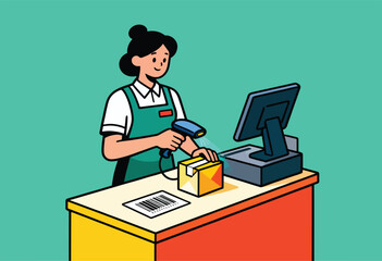 Illustration of a cashier scanning a package at a register. A barcode and monitor are also present