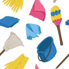 Vector seamless pattern with attributes for cleaning the premises. Drawing for various projects with bright items for cleanliness.