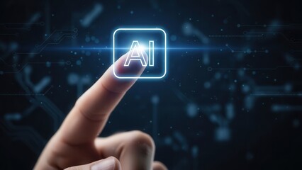 Professional finger touching Glowing AI text icon