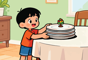 A cartoon child smiles, holding plates with a tree-like topper. A table, furniture, and window are in a room