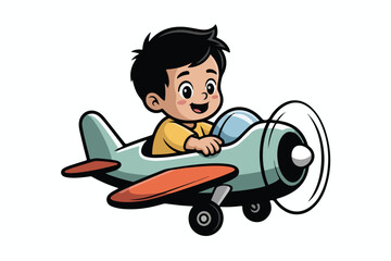 A cartoon child in a vintage-style airplane, smiling, with a spinning propeller, and a blue windscreen