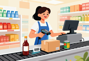 An illustrated cashier scans items at a grocery store checkout. Shelves are stocked with food and beverages. A box is scanned