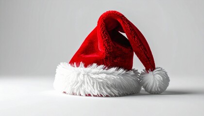 Santa hat with red velvet fabric and white fluffy trim on neutral background.