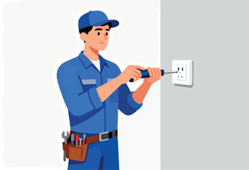 An electrician in blue overalls is fixing an electrical outlet with a screwdriver. There's a tool belt