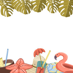Vector postcard with palm leaves and beach holiday items. Cocktails and hat, starfish and shell illustration.