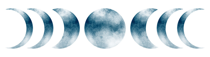 Beautiful blue and white Moon phases isolated on white background. Watercolor hand drawn digital illustration