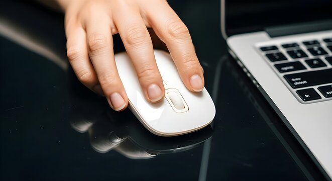 Woman's hand using a white computer mouse next to a silver laptop keyboard on a dark desk. - Powered by Adobe