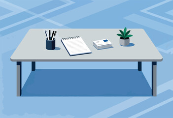A flat illustration of a desk with stationery, notepad, plant, and papers. Abstract blue background