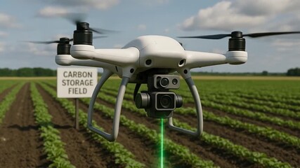 recycling carbon process solutions concept. Drone monitoring crops in a carbon storage field with clear skies above. - Powered by Adobe