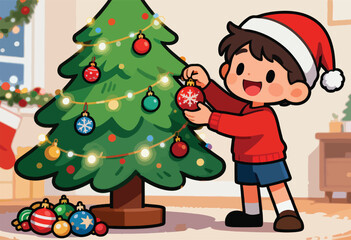 A cartoon child wearing a Santa hat decorates a Christmas tree with a snowflake ornament, smiling