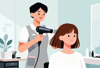 Stylist uses a hairdryer on a client's brown hair in a salon. Other beauty items and a plant are visible