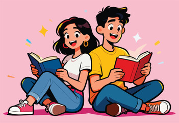 Two cartoon figures, a woman and a man, sit back-to-back, reading books. Pink background with stars
