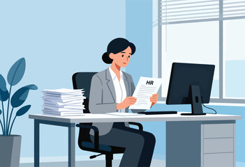 A person in a grey suit reviews a document labeled "HR" at a desk in an office setting