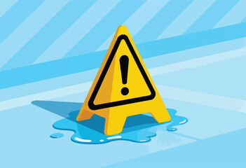 A yellow hazard sign with an exclamation mark stands in a puddle on a tile floor. Abstract blue background